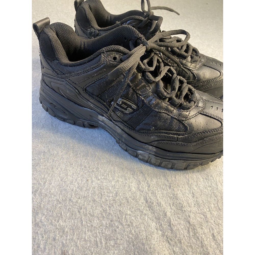 Black PU leather relaxed fit men work safety steel toe shoes size 7 Skechers